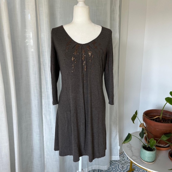 EILEEN FISHER BROWN  PETITE ITALIAN YARN SEQUIN DRESS – SIZE PP (PETITE) - Picture 2 of 7